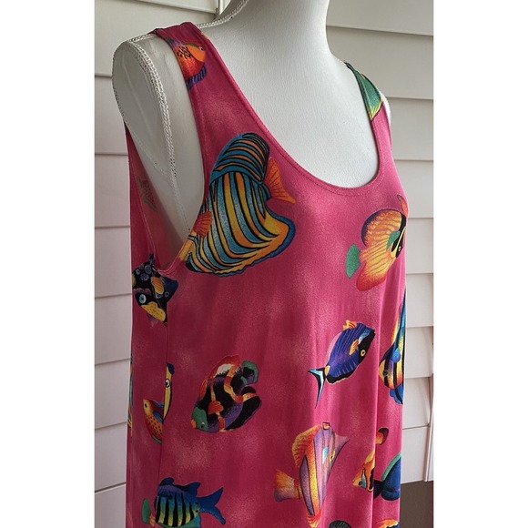 Vintage Jostar Tank Dress Pink Maxi Fish Print 90s Beach Stretch Slinky USA made - Picture 2 of 11